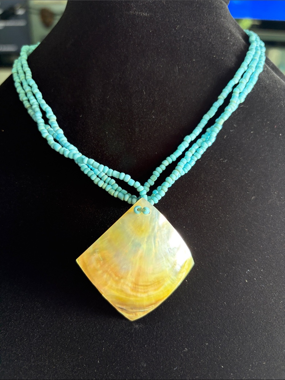 Vintage 11” Turquoise Beaded Necklace with Golden Shell Pendant
